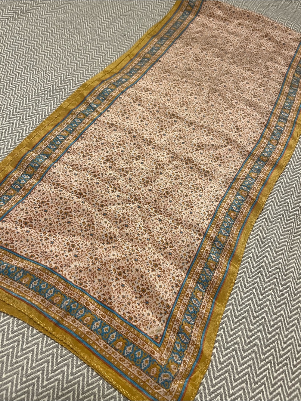 Royal Silk 100% Silk Printed Floral Scarf in Mustard and Teal. 13x56 inches. EUC
